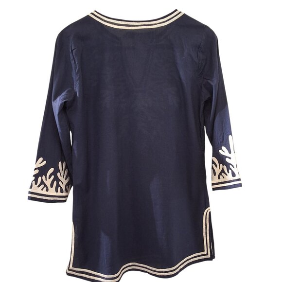 Gretchen Scott Embroidered Tunic Top The Reef Sz S Navy/White Coastal Beachy - Picture 4 of 7